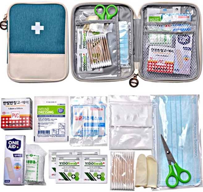국내산 휴대용 응급처치 용품 미니 파우치_ 퓨어 구급 세트D (20개이상구매가능), 블루, 1개
