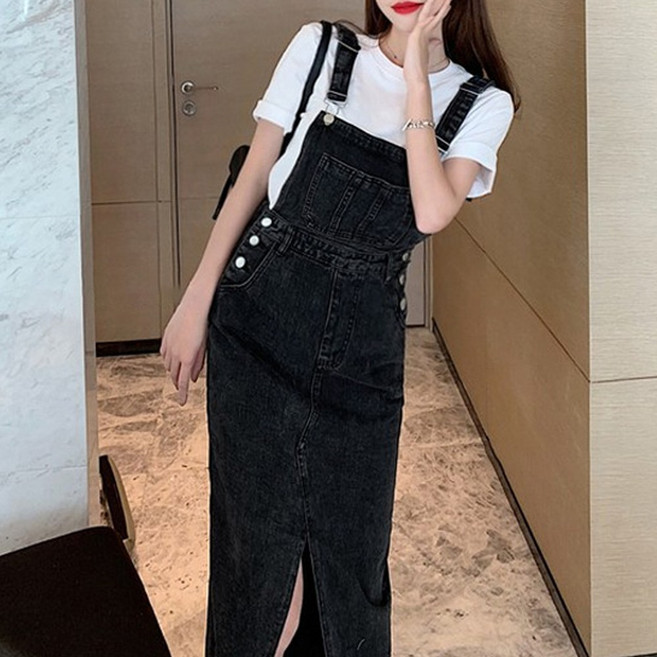 믹스블링 데님 멜빵 롱 치마 트임 스커트 여성 꾸안꾸룩 슬림핏