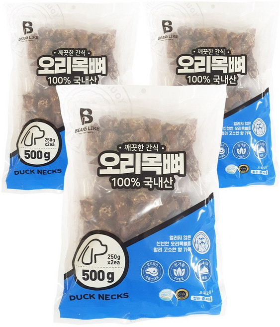 국내산 빠삭하게 건조한 수제간식 오리목뼈 대용량, 500g, 3팩