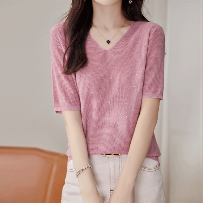 TKX 여성 봄 가을 브이넥 니트 탑 7부소매 반짝이 장식 심플 기본핏 디자인 부드러운 소재 편안한룩 KZ35
