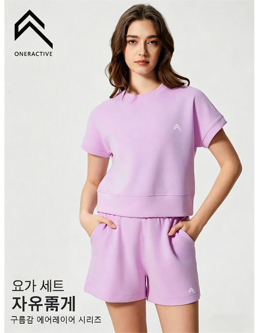 Oneractive 여성 요가 세트 반팔 반바지 루즈핏 슬림핏 피트니스 운동복