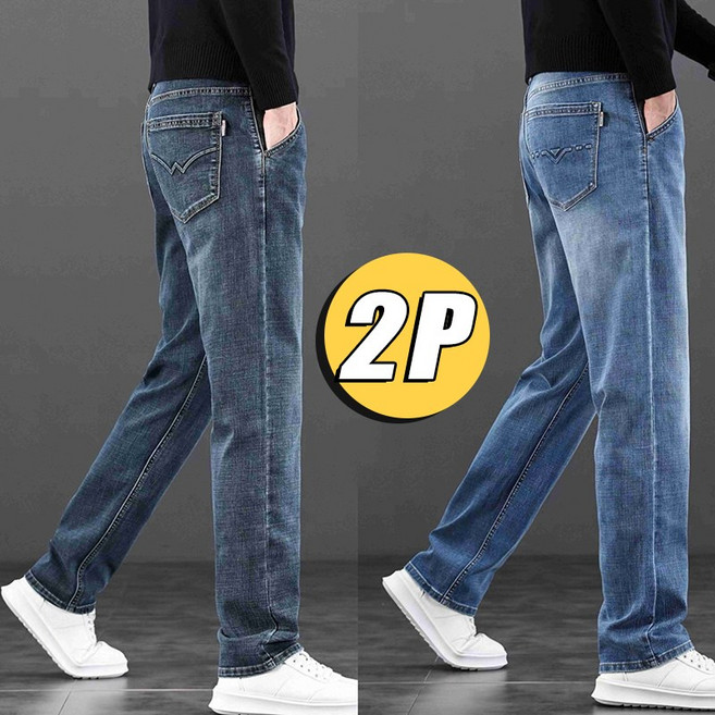 1+1 남성 청바지 봄가을 사계절 일자핏 슬림 스판 데님 워싱팬츠 캐주얼바지