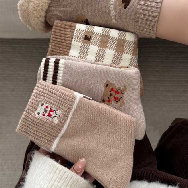 Banjiwu 여성 양말 귀여운 겨울 양말 도톰한 보온 수면 양말 중목 양말 장목 양말 중목 양말 수면 무압박 5족 세트