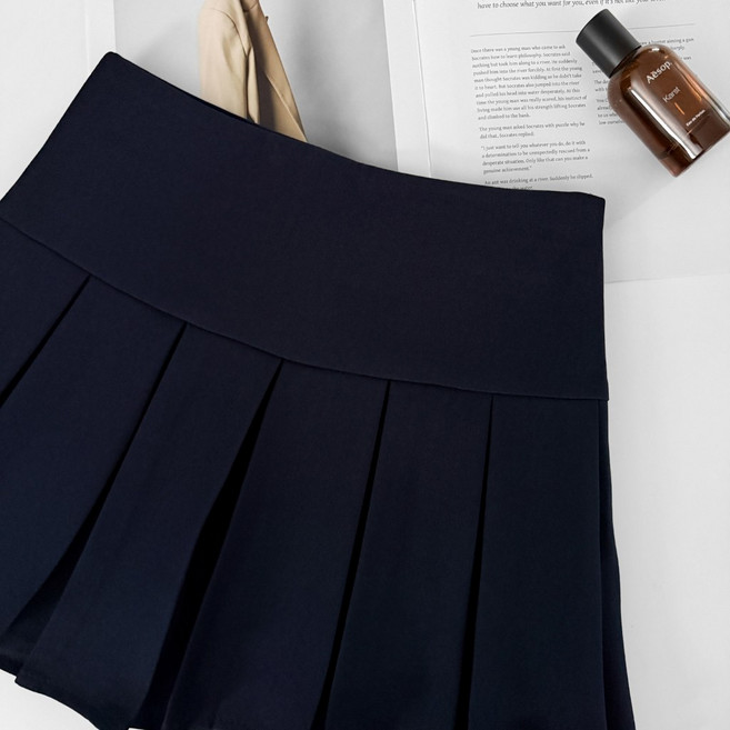 高腰A字斜紋布百褶短裙 學院風女裝安全褲拉鍊西裝短裙