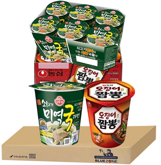 블루존 오징어짬뽕 소컵라면 67g (6입)+쇠고기미역국 소컵라면 60g (6입)