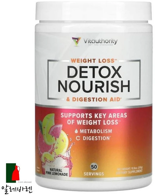 비타오쏘리티 디톡스 너리시 웨이트로스 다이제스쳔 애이드 내추럴 핑크 레모네이드 310g 10.9oz, Vitauthority 디톡스 너리시 핑크 레모네이드, 1개, 309g - 쿠팡