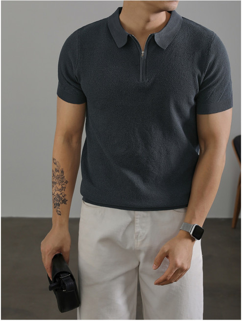 남성 반집업 반팔 여름 시원한 통기성 캐주얼 반팔 티셔츠