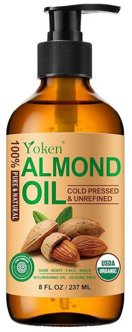Yoken 유기농 아몬드 오일 236.6ml(8온스) USDA 100% 순수 천연 냉압착 아몬드 오일 유리병 얼굴 모발 및 바디용 모이스처라이징 캐리어 오일 - 피부 관, Yoken 유기농 아몬드 오일 236.6ml(8온스),
