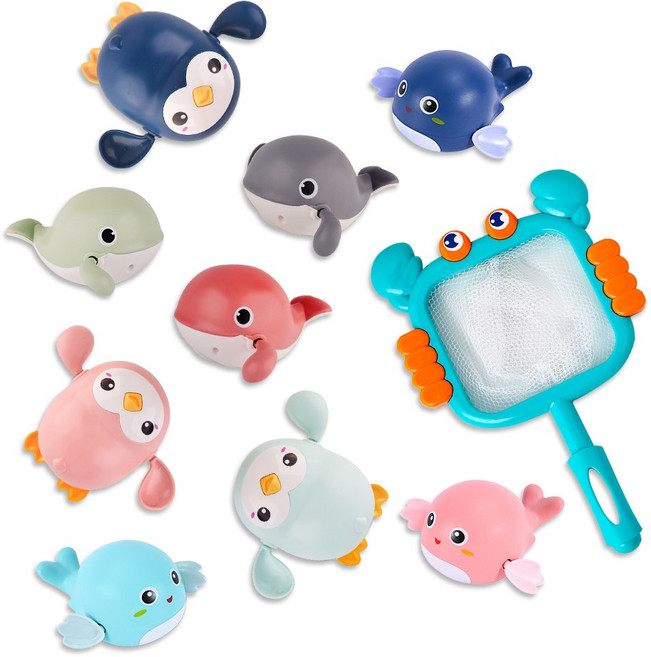 이큐나라 아기 목욕놀이 장난감 9종 + 뜰채 + 보관함, 1세트, 혼합색상