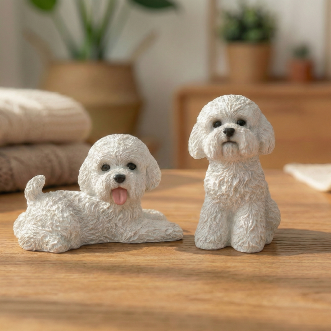 푸들 비숑 2종 피규어 엎드린 앉아있는 강아지, 흰색세트