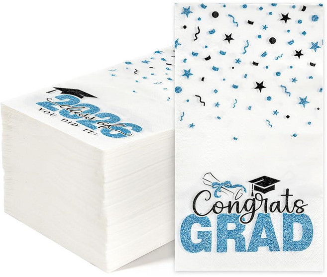 200 Pack Class of 2026 Graduation Napkins Blue Gold Disposable Congrats Grad Cocktail Napkins Pap, Light Blue