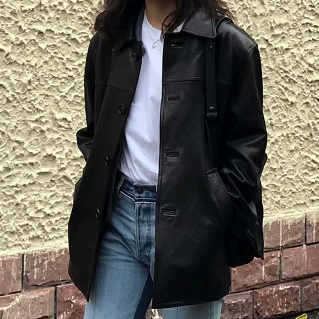 양가죽자켓 여성 블랙 카라 버튼 간절기 리얼가죽 오버핏 자켓