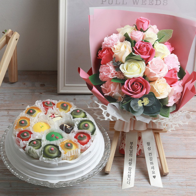 엠케이크 Special 떡케이크 A 선물세트 5종 택 1 생일 케익 기념 생신 칠순, S/떡케이크A/꽃12/리본문구/거치대, 1.1kg, 1세트