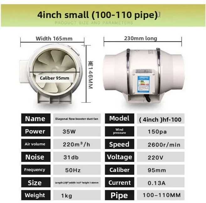 배기 파이프 팬 환기 인라인 덕트 송풍기 저소음, 02 EU, 01 4INCH