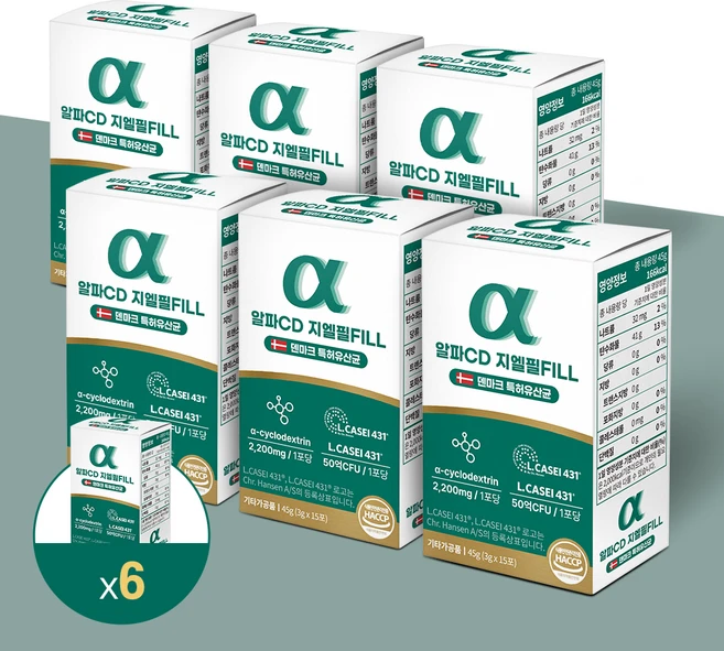 알파CD 지엘필 FILL 알파시클로덱스트린 GLP-1 덴마크 특허 유산균 L.CASEI431 3g x 15포, 15회분, 6박스 - 쿠팡