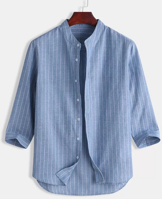 ANYOU 봄여름 린넨소재 남성 차이나 7부 스트라이프 셔츠