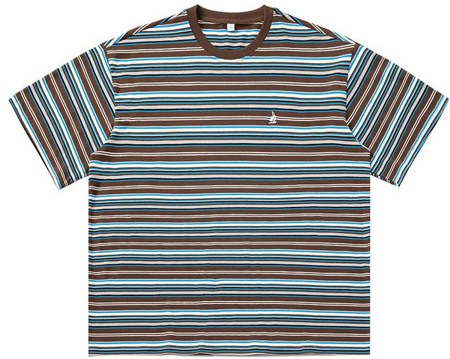 【復古刺繡】短袖T恤 男T恤 潮牌T恤 條紋T恤 圓領T恤 半袖T恤 日系復古 撞色設計 質感刺繡 夏季百搭