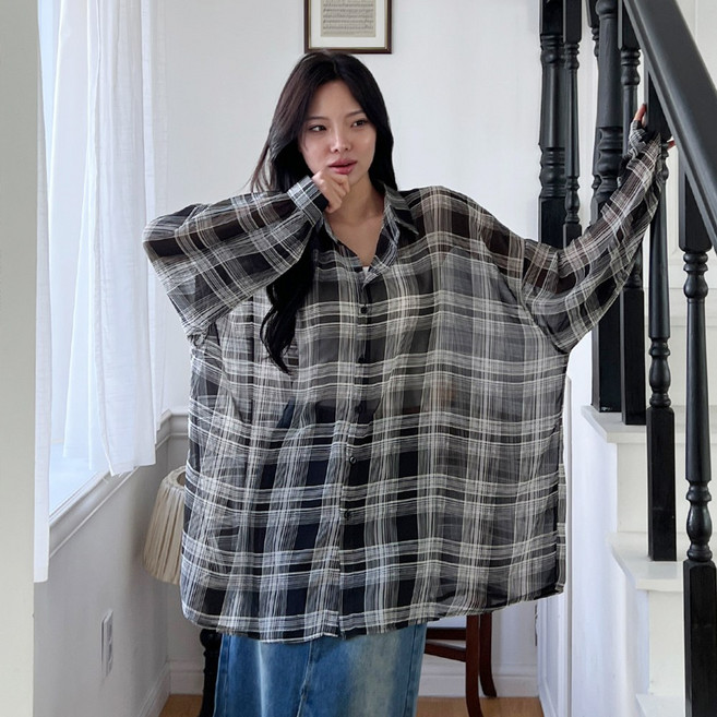 *리뷰BEST* [5XL] 여리핏/올핏 쉬폰st 쿨 체크남방(셔츠) 2color