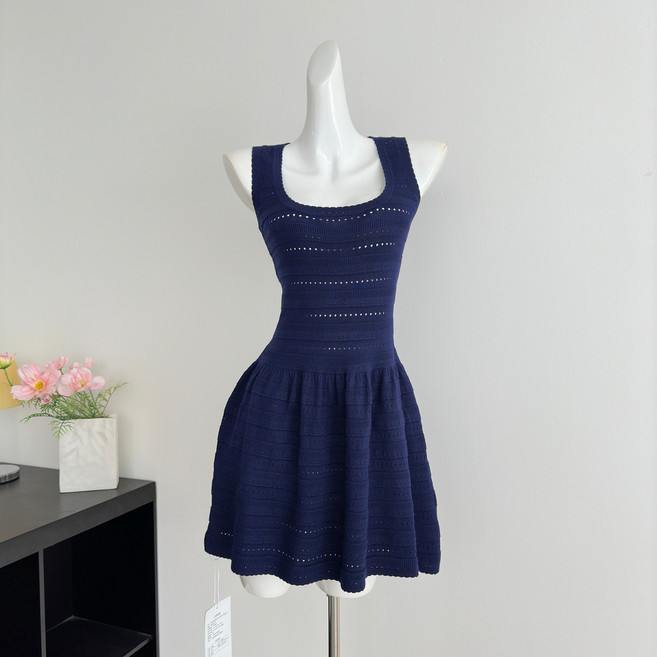 Asure 여자 니트 나시원피스 스퀘어넥 펀칭 미니원피스