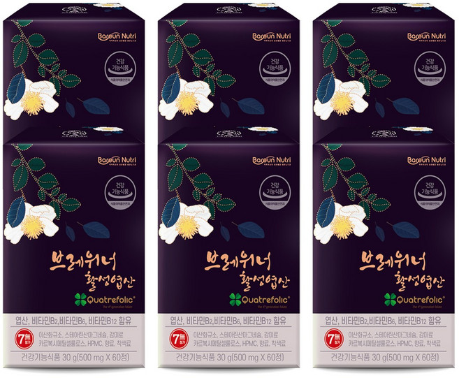 브레위너 활성 엽산 1000 무첨가 임신 준비 임산부 영양제, 60정, 6개
