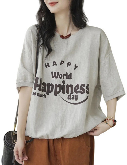 WANGBAIWAN 여성 라운드넥 레터링 프린트 시원한 반팔티 루즈핏 빈티지 편안한 면마 맨투맨 빅사이즈 S52405