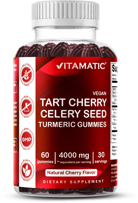 비타매틱 타트 체리 & 샐러리 씨드 구미 - 4000mg 상당 용량 (10:1 추출물 400mg) - 60구미, 4개, 60회분 - 쿠팡