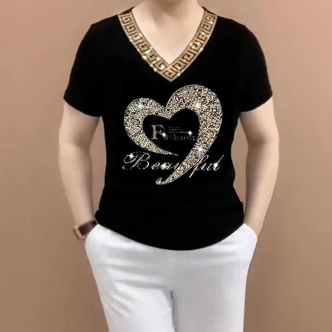 ROYALBELLE 여성 브이넥 큐빅 반팔 티셔츠 얇은 루즈핏 반짝이 중년여성 티셔츠 V041506