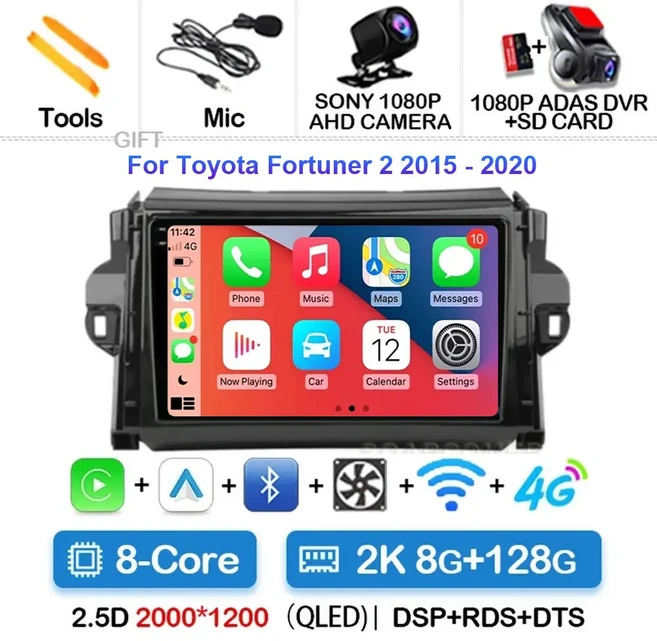 안드로이드 15 For Toyota Fortuner 2 2015 2020 차량용 라디오 스테레오 멀티미디어 네비게이션 GPS Carpl, 12 2K 8G-128G CAM DVR