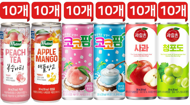 과즙 캔음료 6종 각 10개씩 혼합세트모음(푸르티복숭아+애플망고+코코팜피치+코코팜화이트+과일촌사과+과일촌청포도), 60개, 240ml