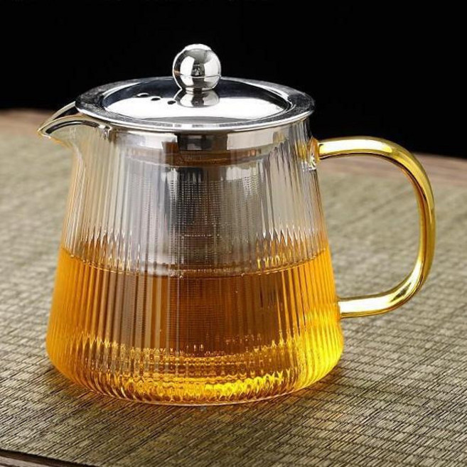 耐熱玻璃茶壺 養生壺 花茶壺 高硼硅 304不鏽鋼茶漏, 450ml直紋壺【銀色,450ml-1000ml（貼標）, 1個