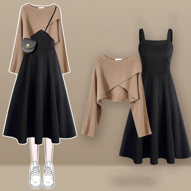 ORZQU 봄가을 여성 원피스 세트 빅사이즈 허리 조임 니트 원피스 투피스