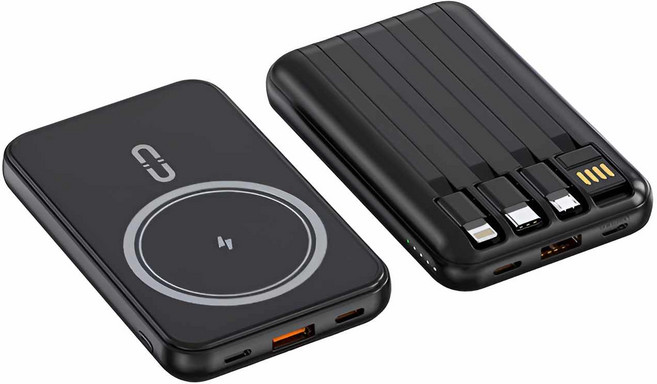 AWMVS 20000mAh 磁吸行動電源 輕薄快充大容量 自帶線Type-C行動充, 款式1 黑 磁吸無線+自帶線