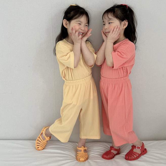 아이스토리키즈 여름봄무지7부 아기바지 플리츠상하세트 유아아동복 상하복