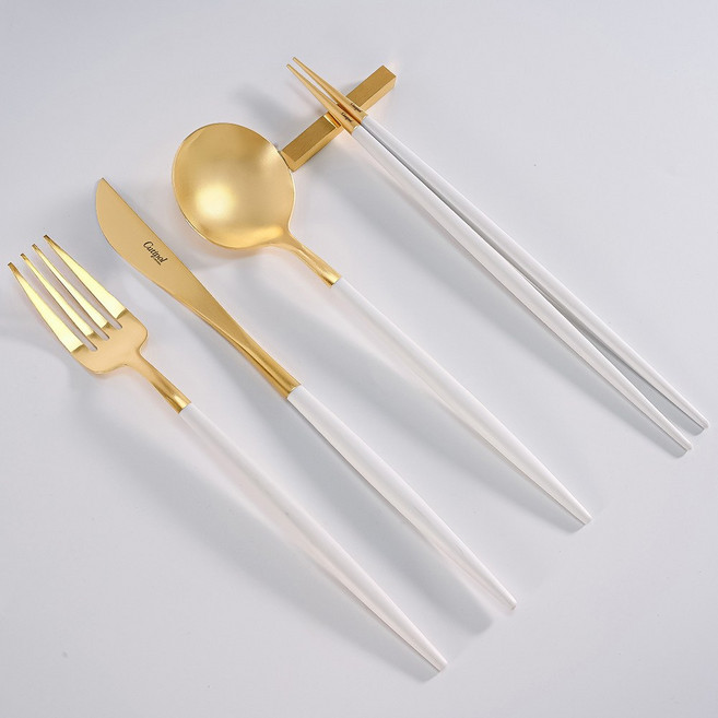 큐티폴 고아 화이트골드 디너 한식 4종 세트, 1세트, 숟가락/젓가락/받침/포크/나이프