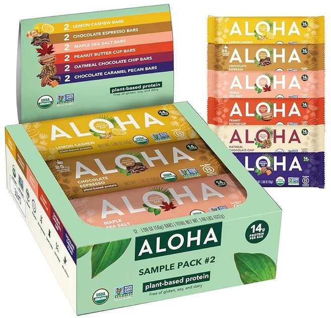 ALOHA 유기농 식물 기반 단백질 바 타로 스페셜 에디션 6개 56.1g 2온스 비건 저설탕 팔레오 저탄수, 버라이어티 팩 2 - (6가지 맛) - 쿠팡