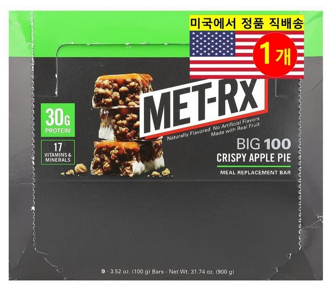 MET-Rx 운동 전 후 BIG100 크리스피 애플 파이 바 9개입 900g 1개 - 쿠팡