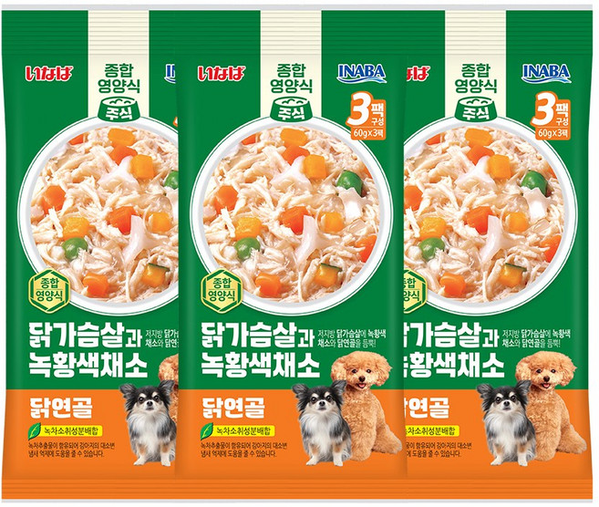 이나바 강아지 닭가슴살과 녹황색채소 파우치 QDR-144, 혼합맛(닭가슴살/채소/닭연골), 180g, 3개