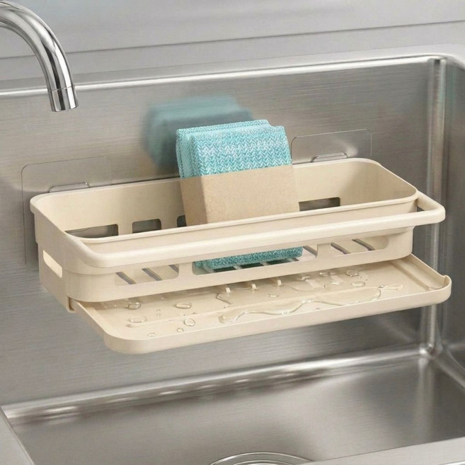무타공 싱크대 정리선반 접착식 물빠짐 주방 욕실 겸용 대용량 수납대, 1개, 크림화이트