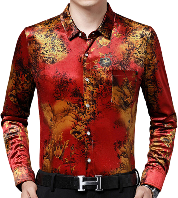 남자 댄스복 자가드 셔츠 긴팔 골드 벨벳 캐주얼 셔츠 스판 오픈 리얼 포켓 셔츠A2555