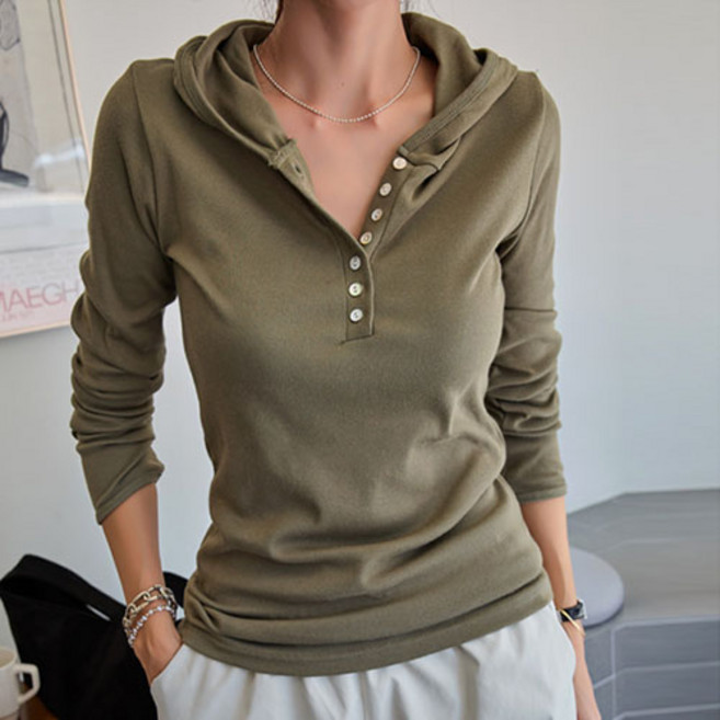 [나크21] (S~XL)여성용 스판 쫀쫀 슬림핏 후드포인트 버튼넥 티셔츠 KO11-T-07