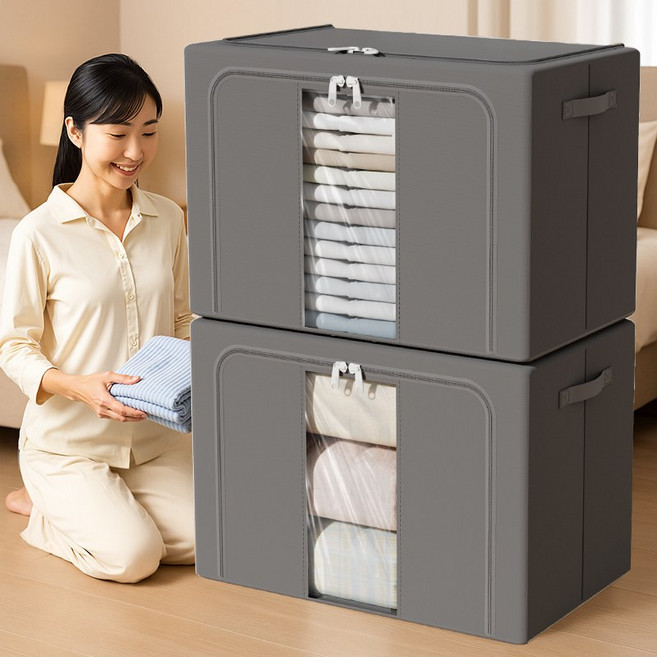 Wonderfe 패브릭 리빙박스 이불 옷 접이식 수납박스, 2개, 그레이