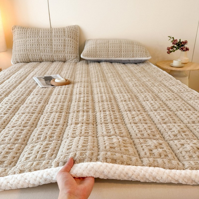 Youchen겨울 극세사 두꺼운 누빔 침대패드 발열 웜패드 고정밴딩 침대매트, 카키색