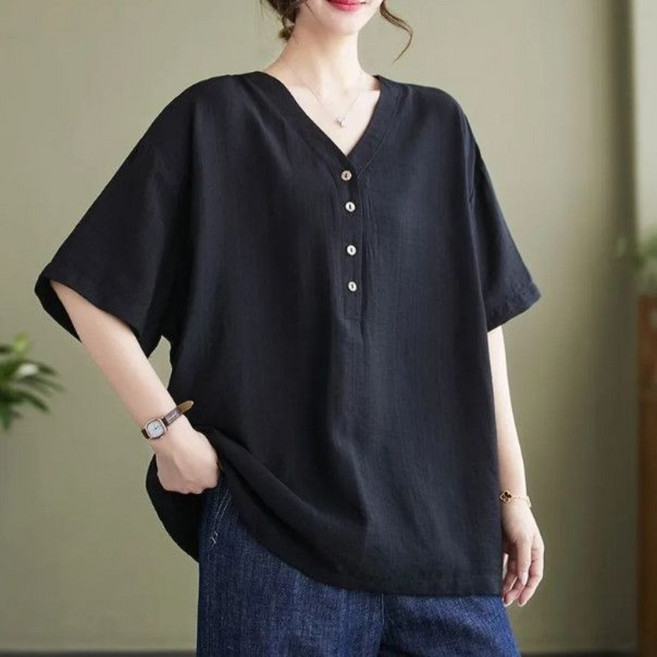 VEZRI 여성 여름 린넨 코튼 빅사이즈 V넥 반팔 티셔츠 루즈핏 캐주얼 체형커버