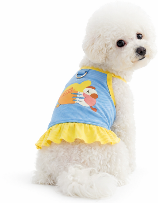 렛츠독 강아지 아이스 쿨링 하네스 일체형 러블리 여름 쿨 골지 원피스, 레몬블루, 1개