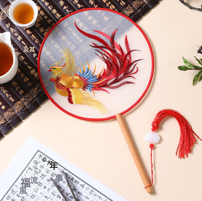 DIU 夏季新古風扇子蘇州雙面刺繡團扇舞蹈用國風漢服旗袍圓扇中國風, 1個, 刺繡扇-白底火鳳凰:如圖