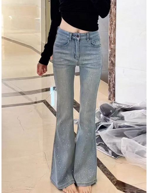 滿天星燙鑽微喇牛仔褲女 高腰顯瘦設計感爆閃喇叭褲