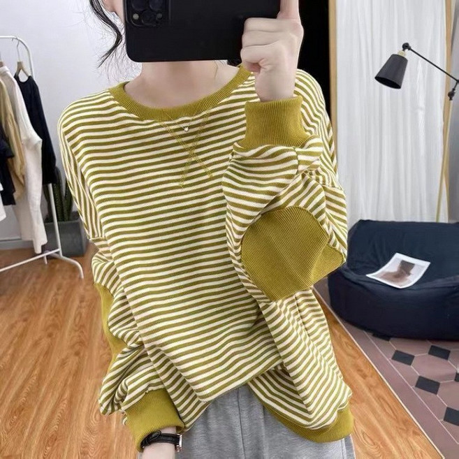 큰 사이즈 노화 방지 여성용 후드티 재킷 봄가을 의류 루즈핏 슬림핏 풍성한 풀오버 긴팔 스트라이프 상의