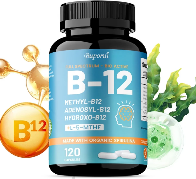 비타민 B12 복합체 아데노실코발라민 및 유기 스피루리나로 만든 천연 하이드록시비타민 B12 5-MTHF., 1개, 120정 - 쿠팡