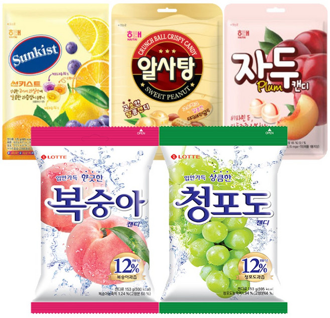 해태제과 자두캔디 130g + 알사탕 125g + 썬키스트 125g + 복숭아캔디 153g + 청포도캔디 153g, 1세트, 686g