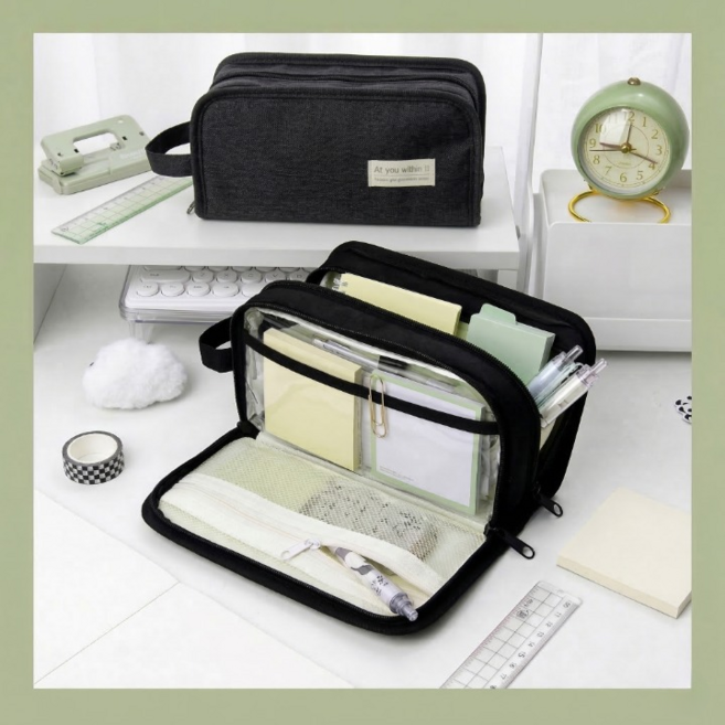 아우리온 탄탄한내구성 넉넉한수납 심플감성 옥스퍼드 필통, 1개, 검은색